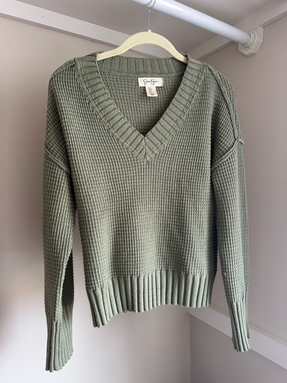 Jessica Simpson Sage Green V-Neck Waffle Knit Sweater